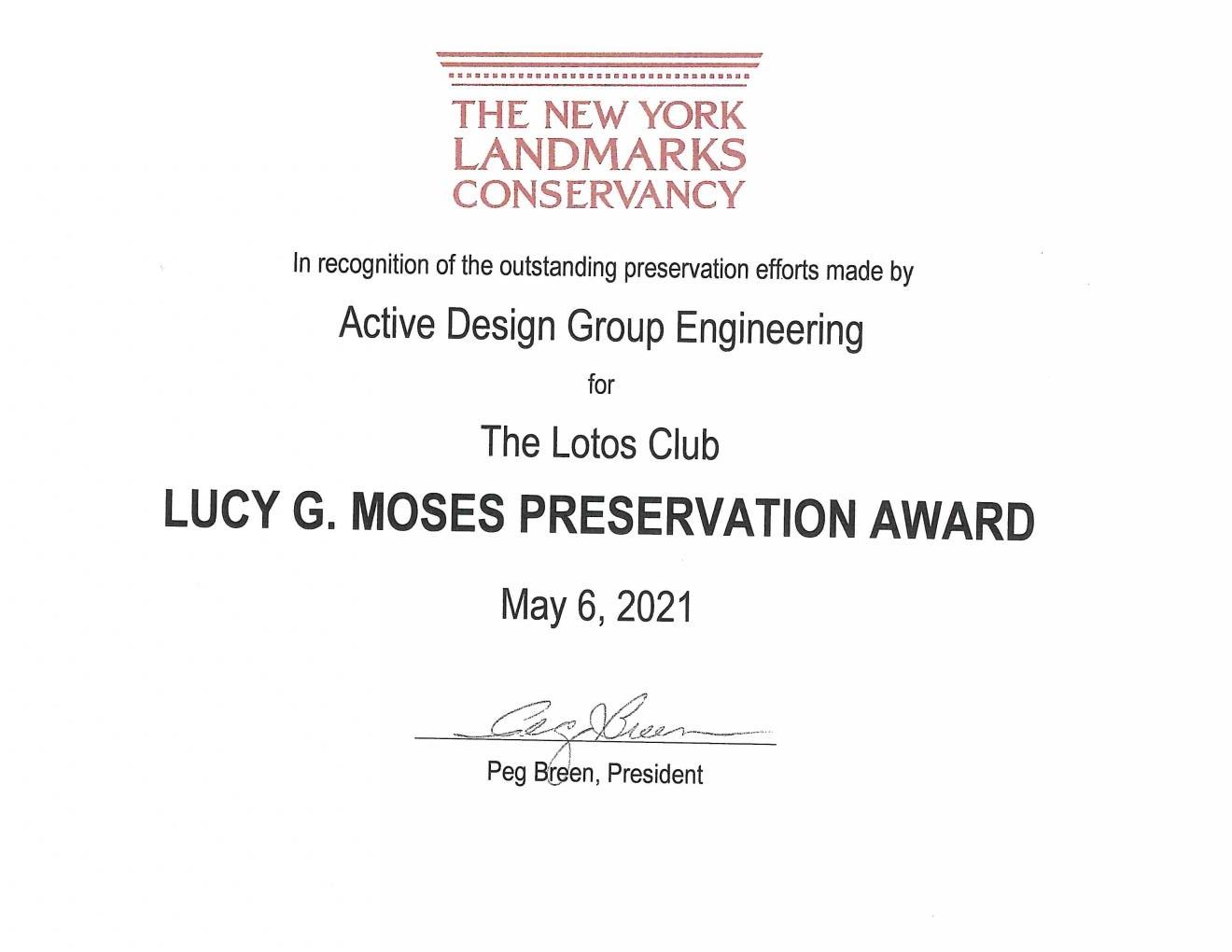 Lucy G Moses Preservation Award